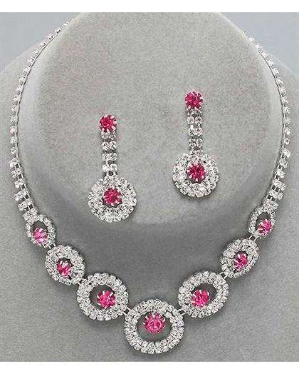 Circular Pink Rhinestone Necklace Set