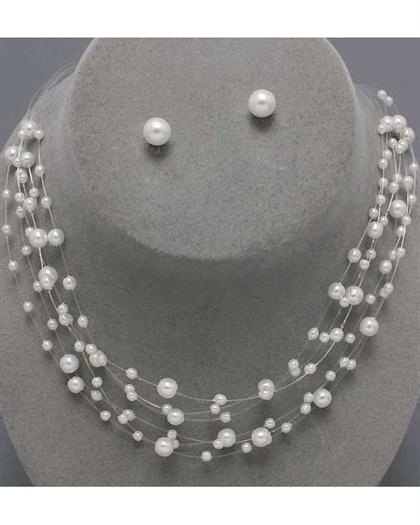 White Pearl 6 Strand Necklace Set