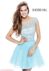 Sherri Hill Short 2814.  Available in Black, Blush/Silver, Coral, Gunmetal/Gunmetal, Gunmetal/Pink, Light Blue, Light Pink, Navy/Gunmetal, Navy/Multi, Nude, Red/Red, White, Yellow/Silver