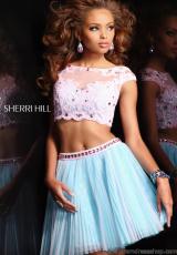 Sherri Hill Short 21154.  Available in Aqua/Light Green, Aqua/Pink, Coral/Gold, Ivory/Gold