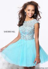 Sherri Hill Short 21032.  Available in Aqua/Light Green, Blush, Coral/Gold, Ivory/Gold, Light Blue/Silver, Lilac/Silver, Navy/Nude, Pink/Silver, Plum/Nude, Turquoise/Gold