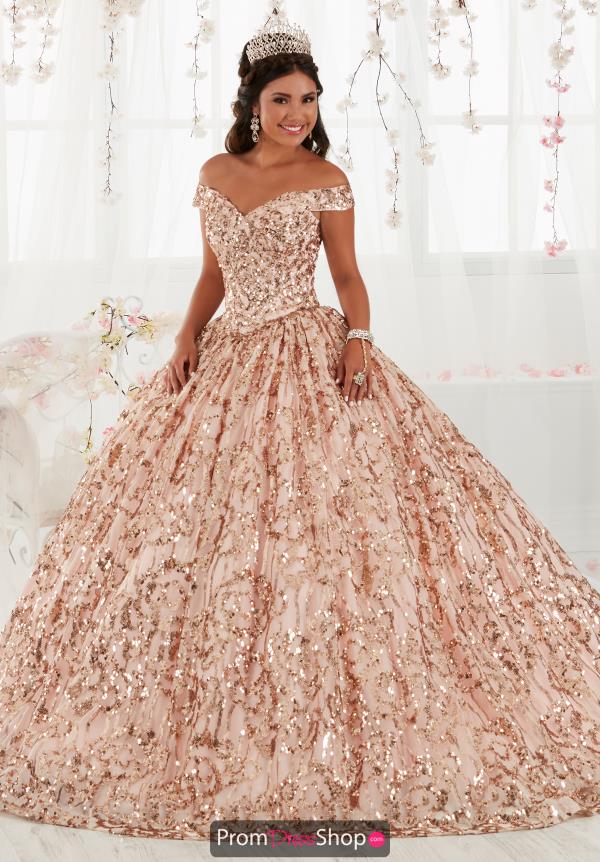 pink with gold quinceanera dress