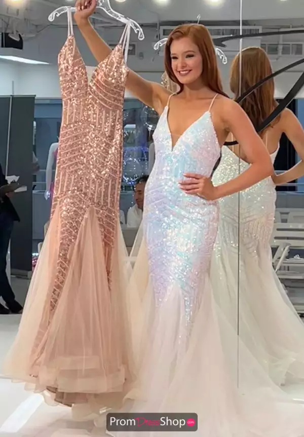 Beaded V-Neck Mermaid Dress 7411